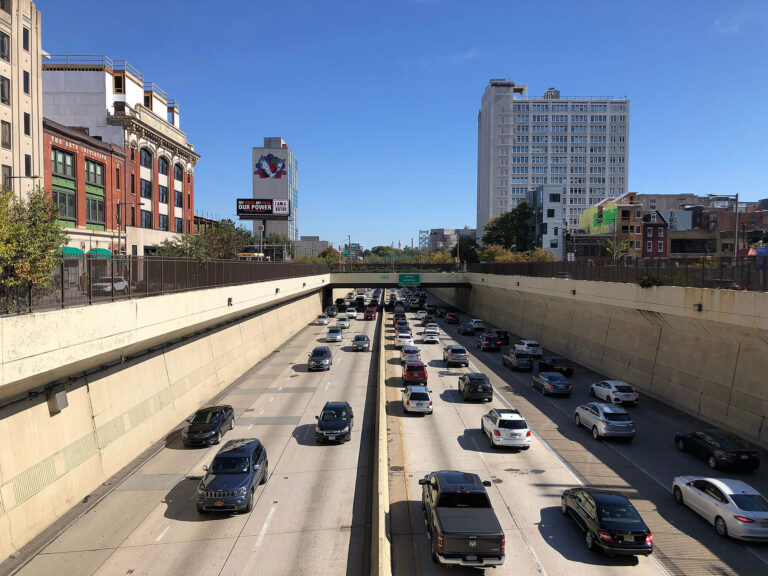 2022 10 15 13 23 24 View east along Interstate 676 and U.S. Route 30 Vine Street Expressway from the overpass for North 13th Street in Philadelphia Pennsylvania