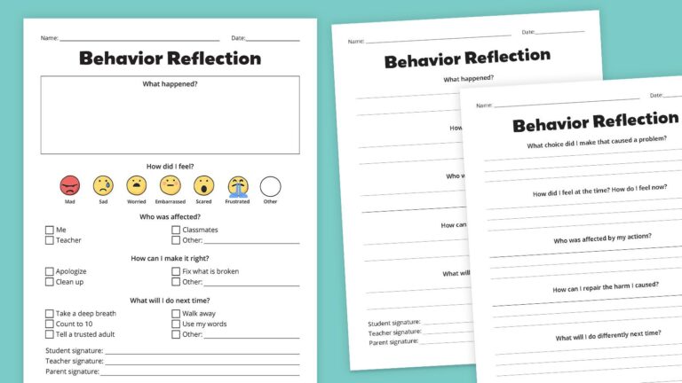 behavior reflection sheets