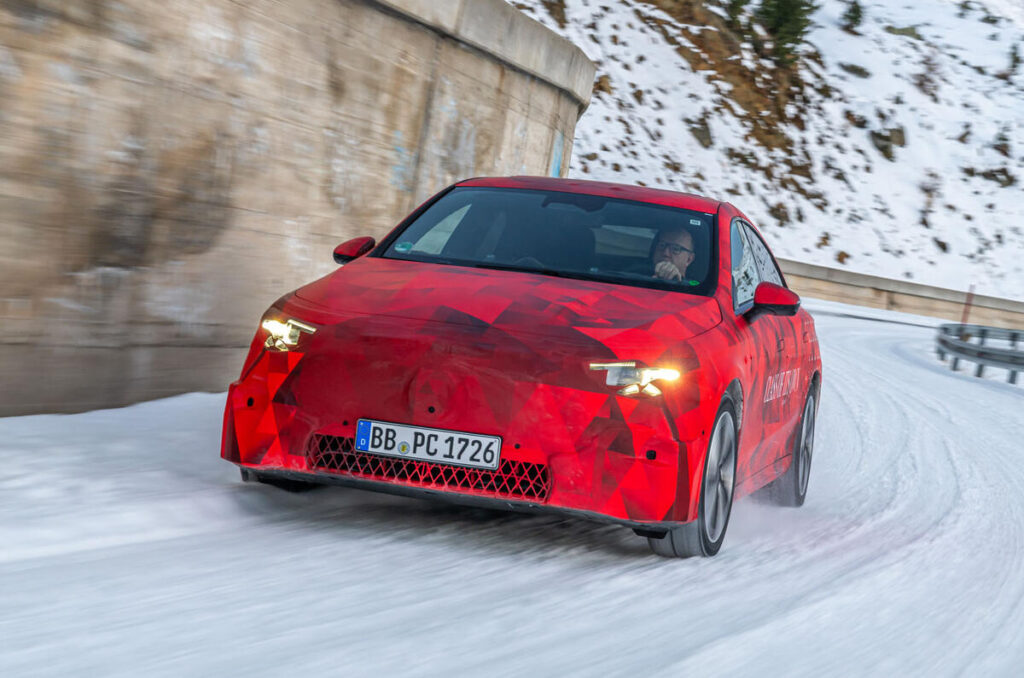 mercedes benz cla prototype on snowy road front cornering 0